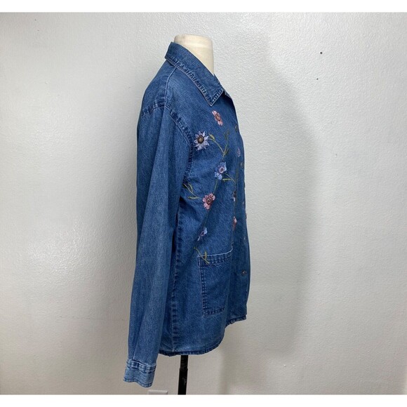 Vtg Agapo Chore Jacket Blouse Top Large Petite Denim Floral Embroidery Country - Picture 9 of 11